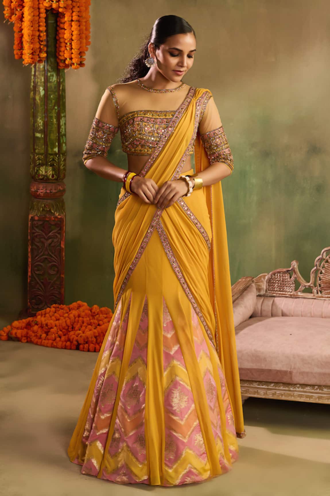 Reeti Arneja Genda Chanderi Woven Lehenga Set