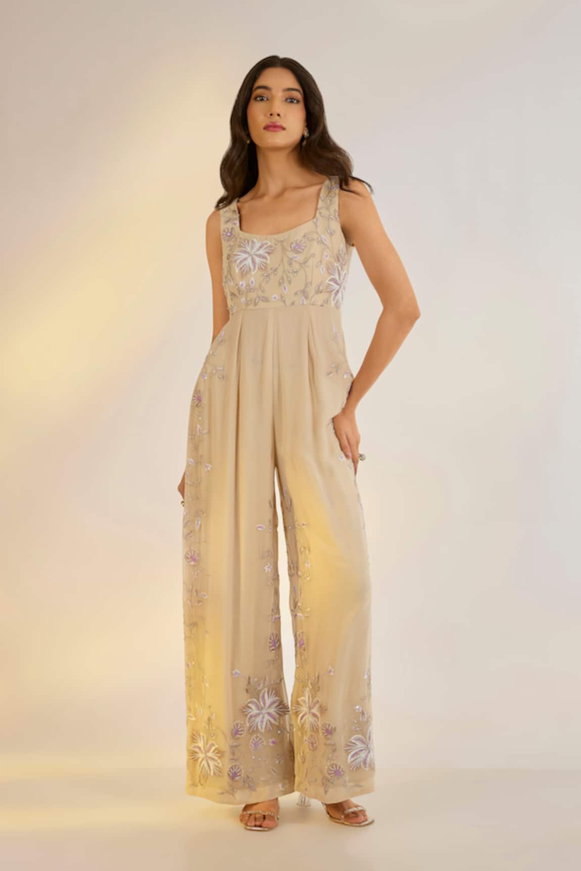 Ewoke Georgette Floral Embroidered Jumpsuit
