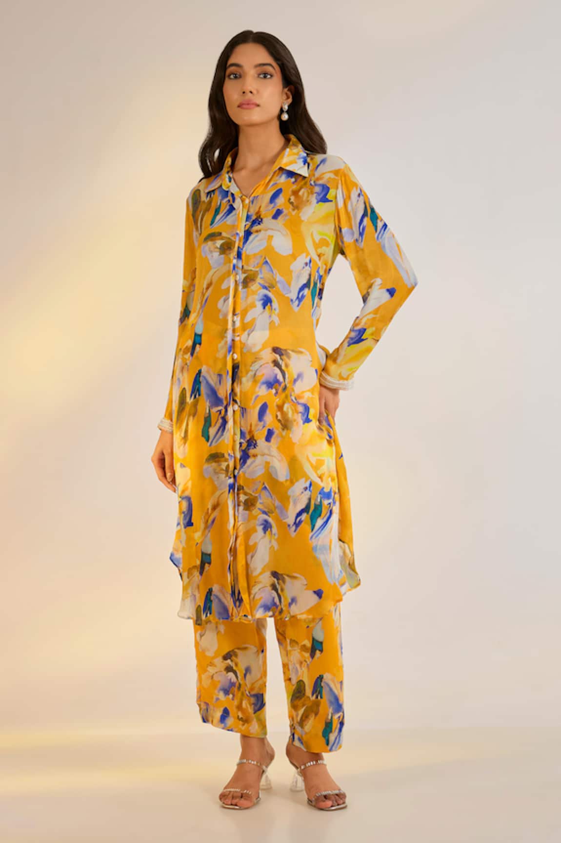 Ewoke Yellow Embroidered Shirt Tunic & Pant Set