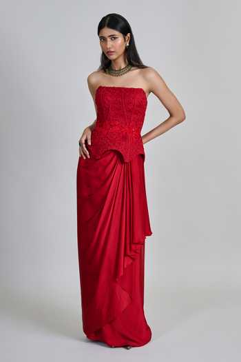 Mishru Ciara Embroidered Peplum Corset With Draped Skirt 