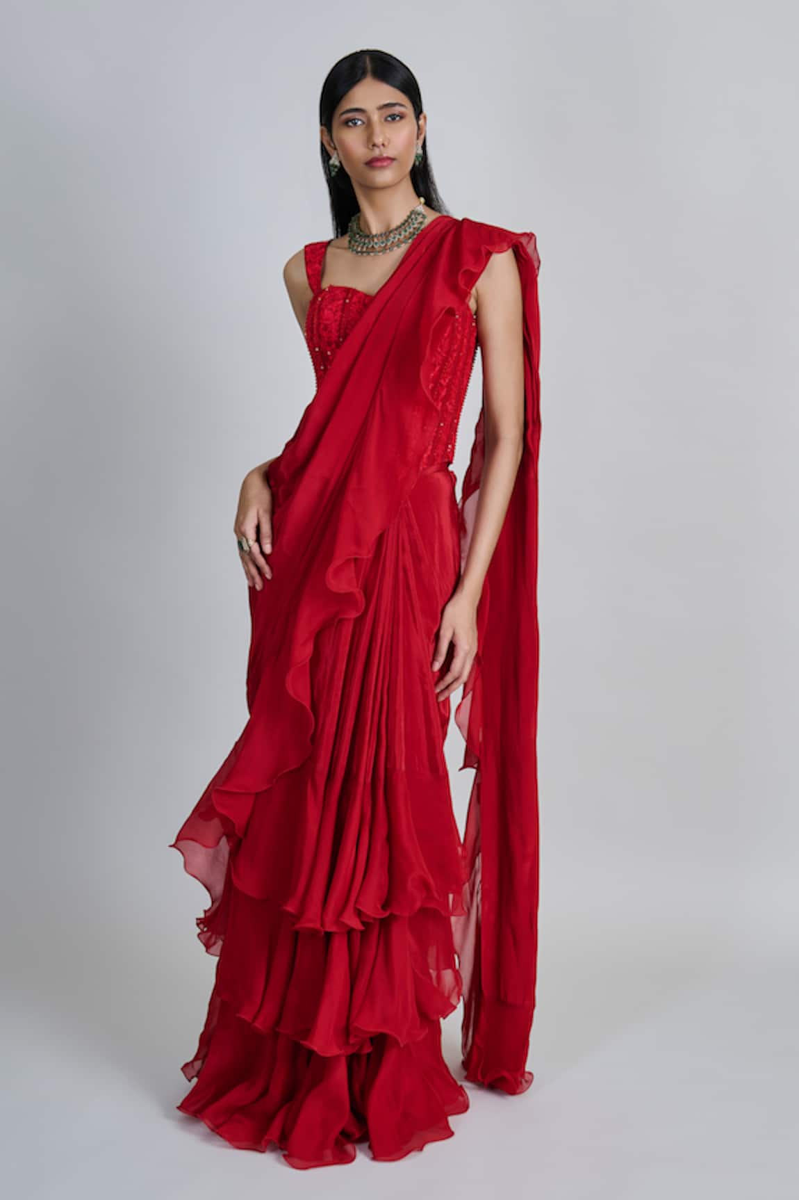Mishru Nica Pre-Draped Ruffle Saree With Blouse 
