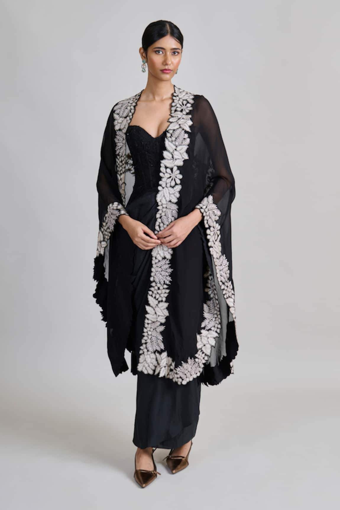 Mishru Lea Embroidered Cape Draped Skirt Set