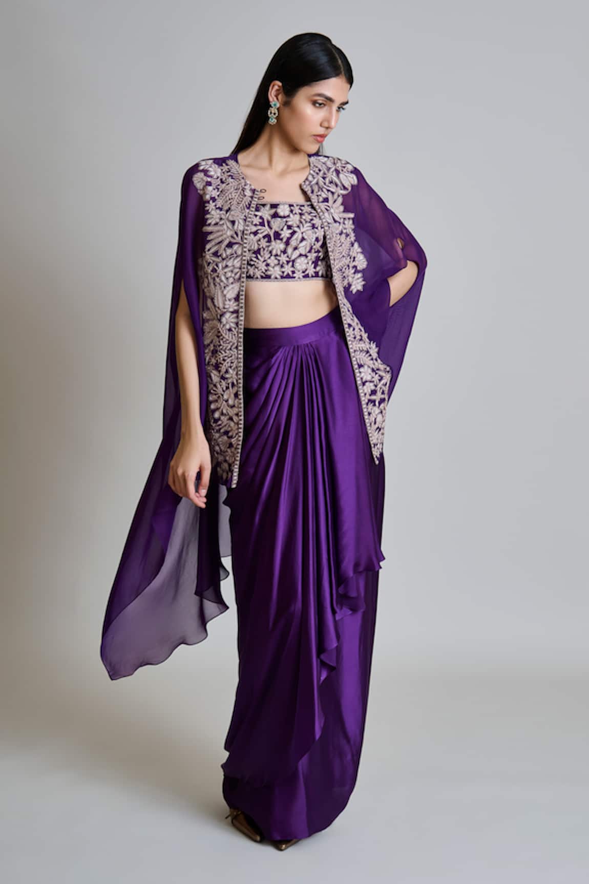 Mishru Aurea Embroidered Cape Draped Skirt Set