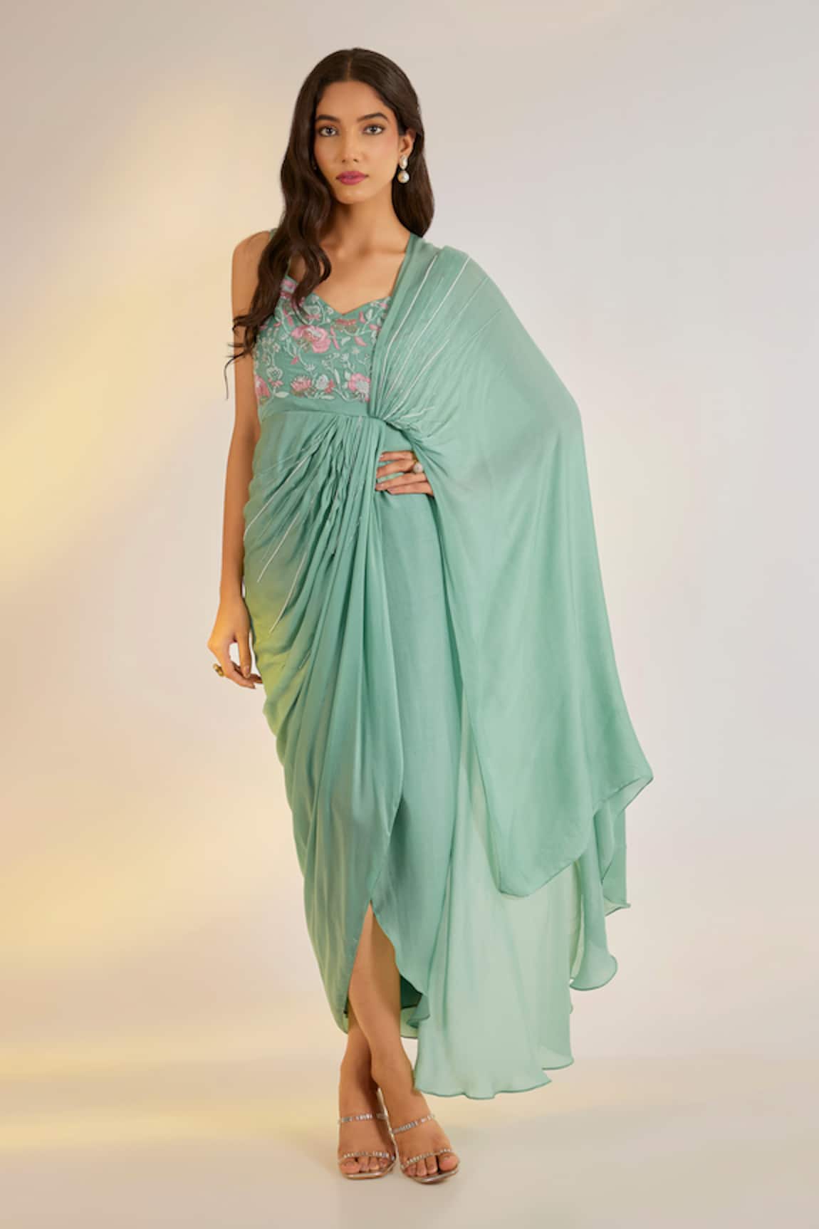 Ewoke Sage Green Embroidered Saree Gown
