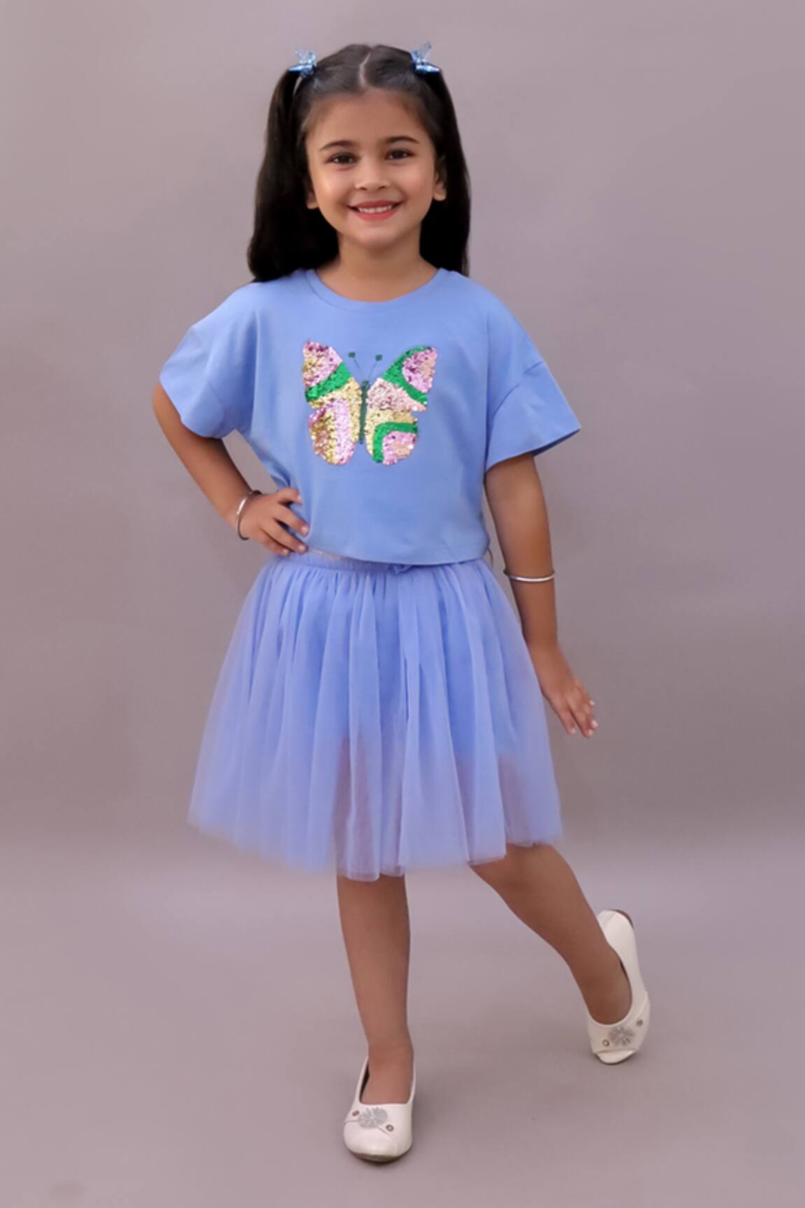 Lil Drama Sequins Butterfly Embroidered T Shirt & Skirt Set