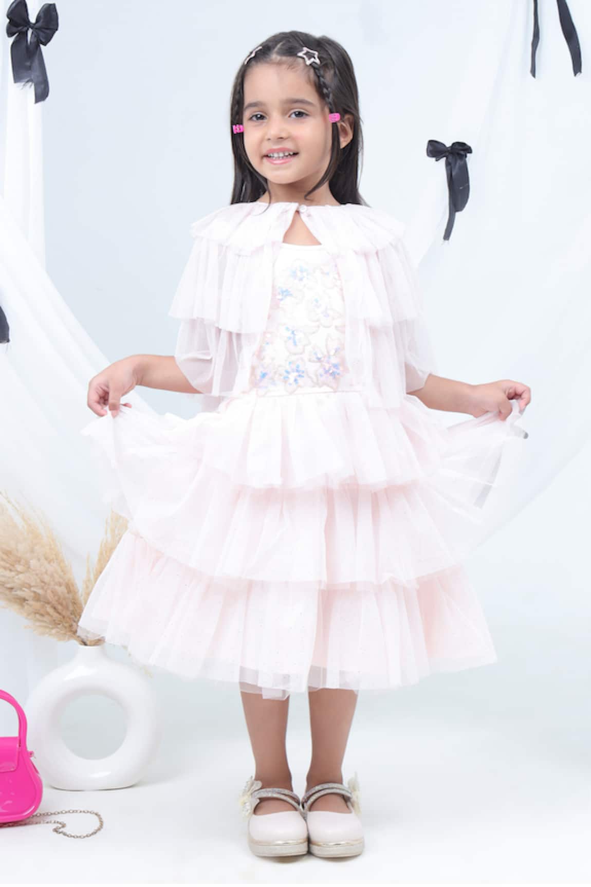 Lil Drama Sequins Embroidered Layered Dress With Net Shrug