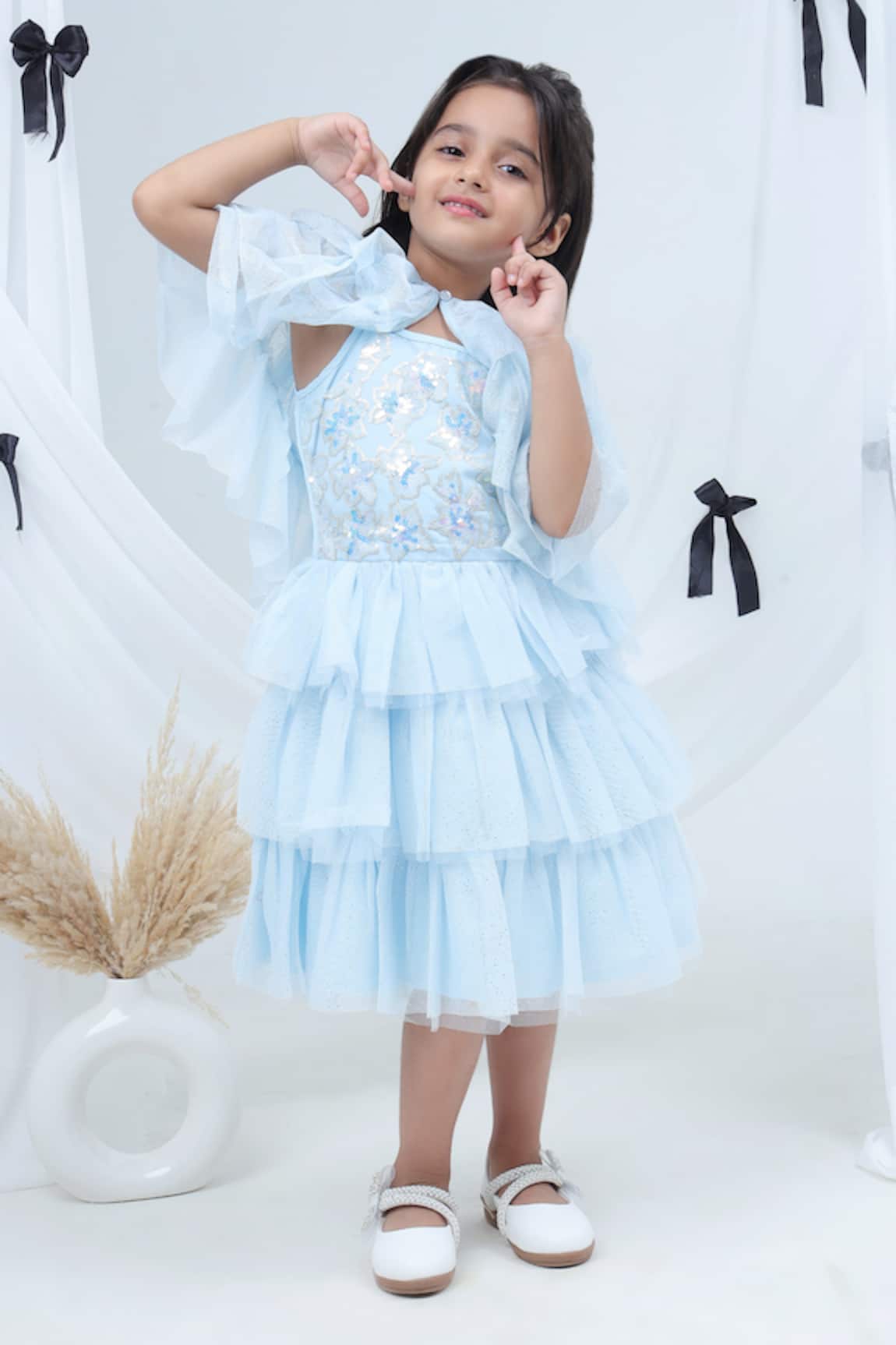 Lil Drama Layered Sequin Embroidered Dress With Net Shrug