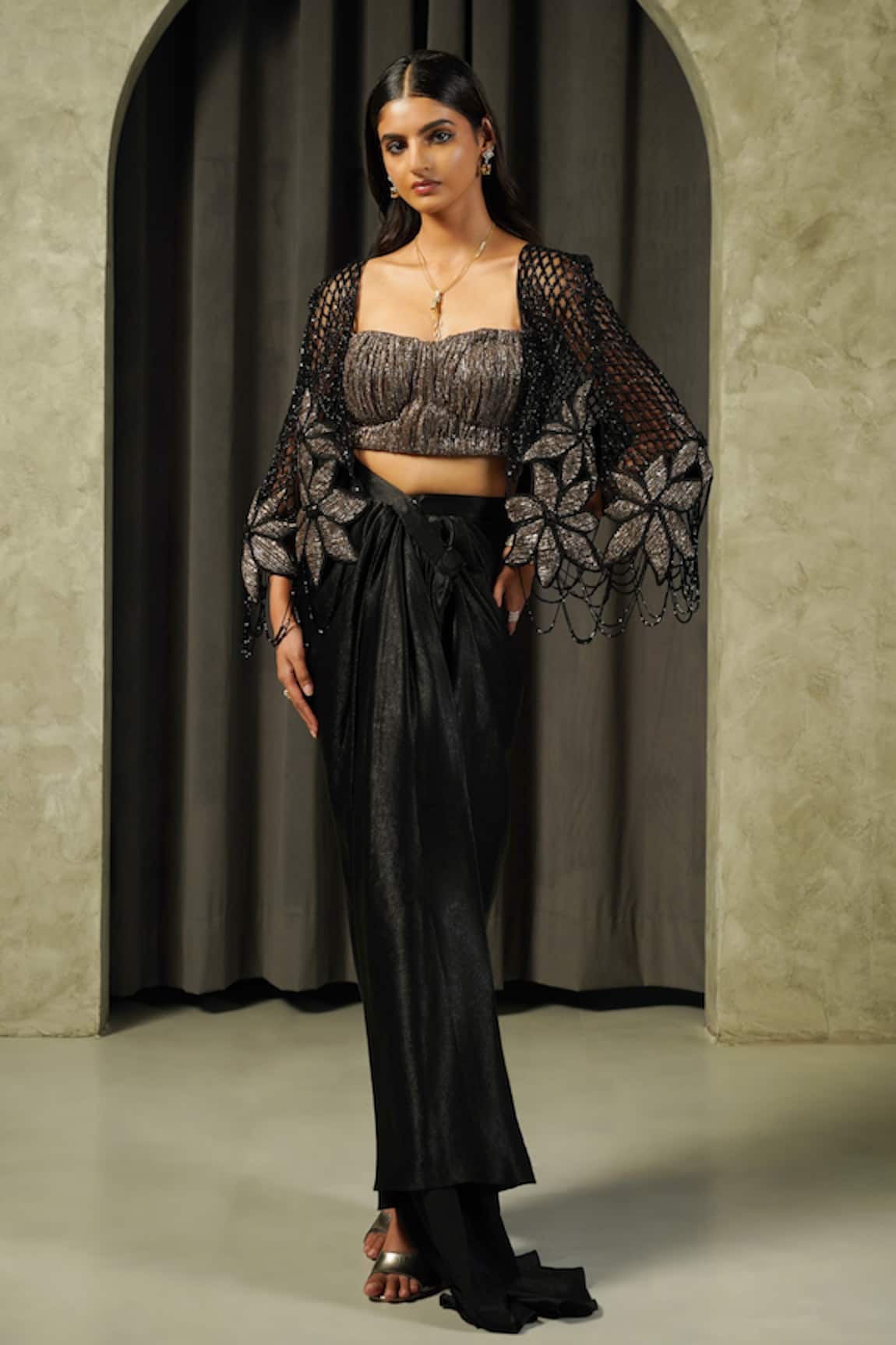 Muskan Aggarwal Flore Patchwork Embroidered Cape Draped Skirt Set