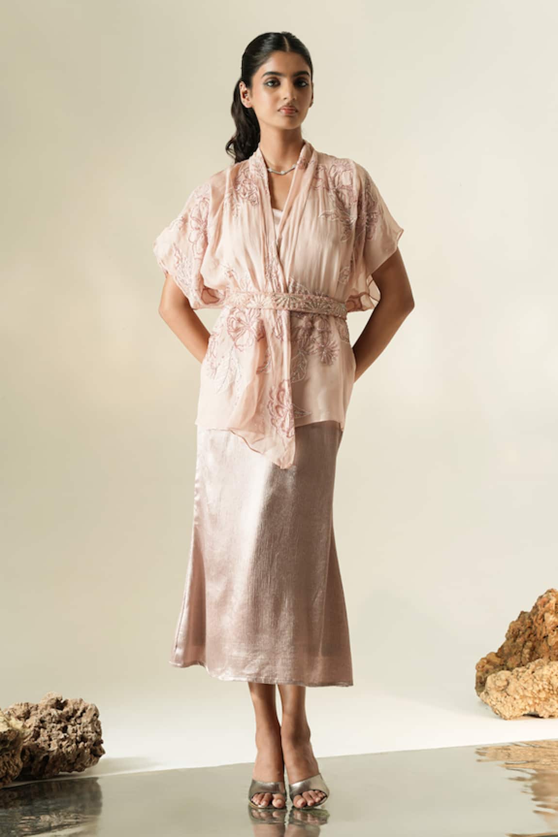 Muskan Aggarwal Avira Embroidered Cape With Satin Midi Dress