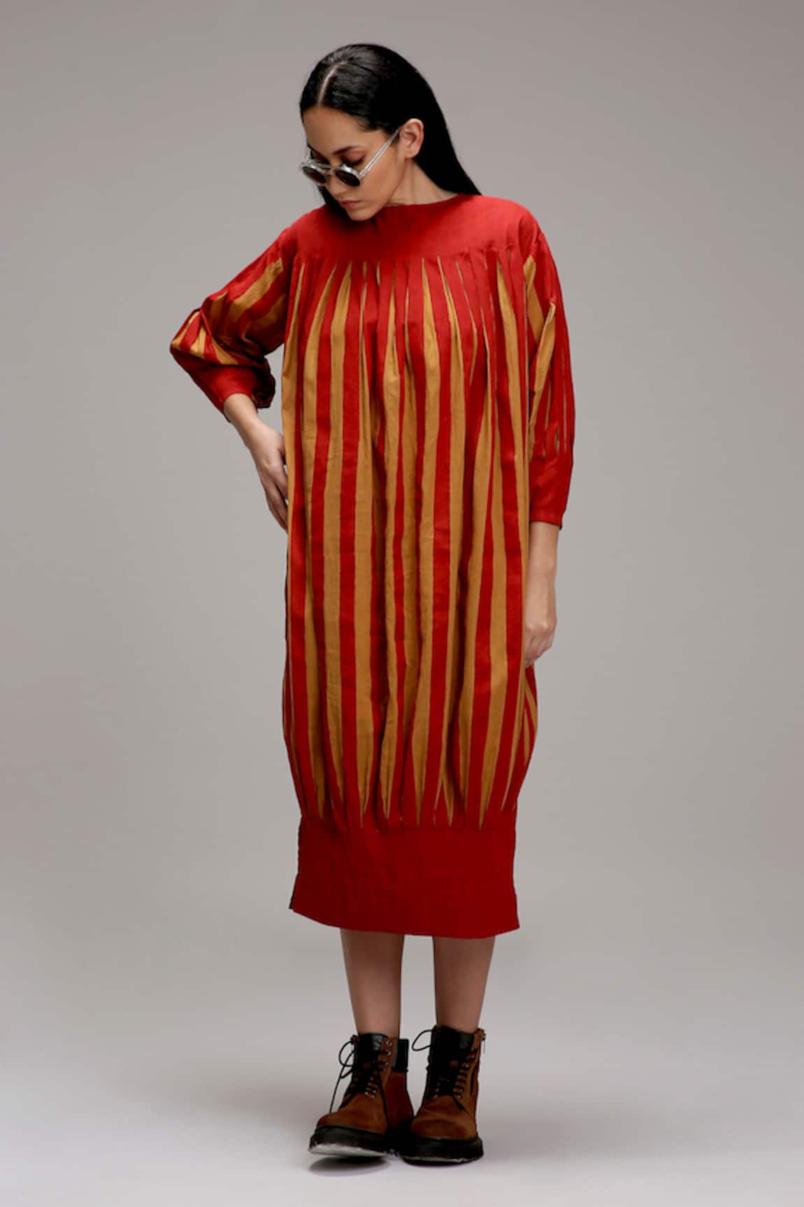 MATI_1 Pleated Stripe Cotton Midi Dress