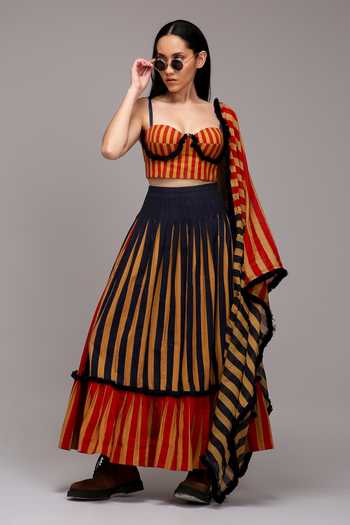MATI Striped Pleated Tiered Long Skirt 