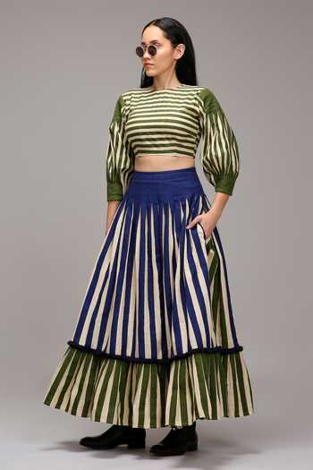 MATI Striped Puff Sleeve Crop Top & Pleated Skirt Set