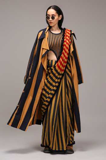MATI Striped Bodysuit Saree & Jacket Set 