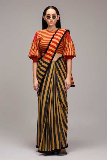 MATI Striped Puff Sleeve Blouse & Saree Set