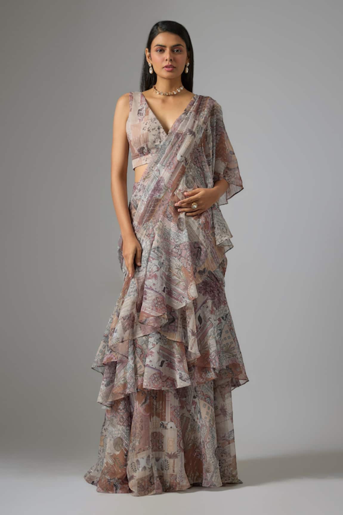 Vana Ethnics Printed Ruffled Lehenga Saree With Blouse