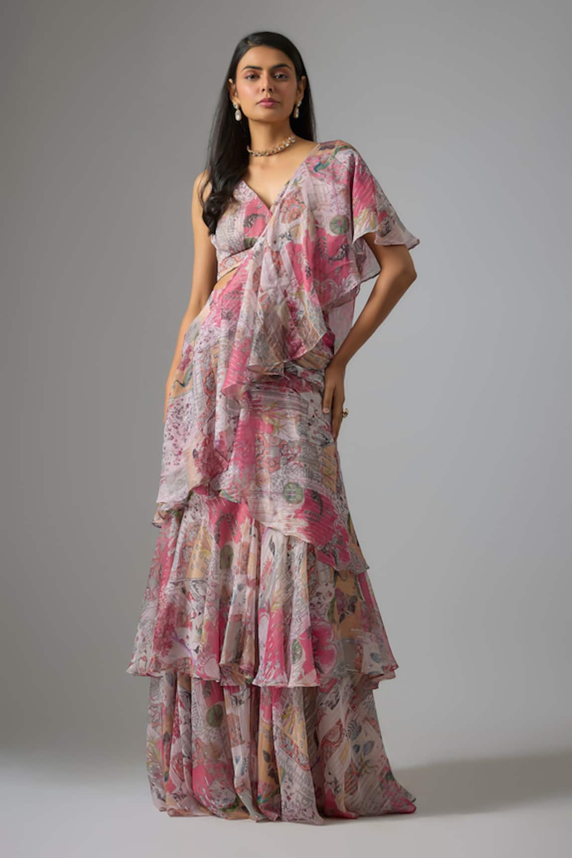 Vana Ethnics Printed Tiered Lehenga Blouse Set