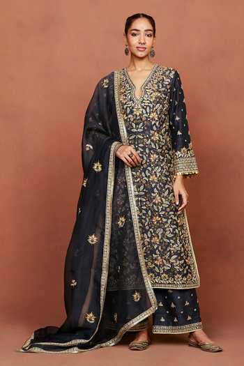 Sue Mue Taaj Floral Embroidered Raw Silk Kurta Set 