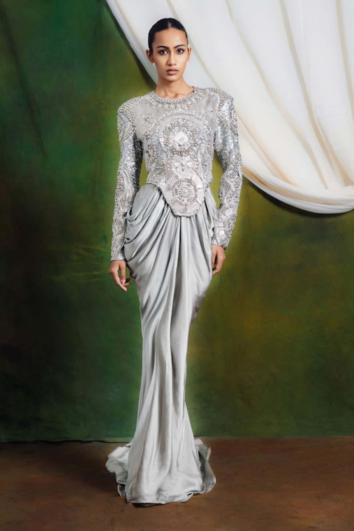 Siddhartha Bansal Lambani Silk Jacket With Cowl Dress 