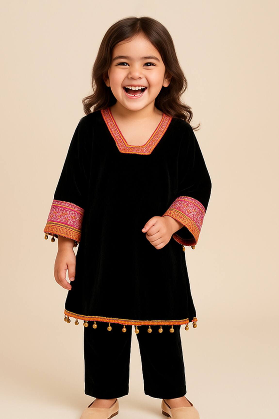 Tiny Pants Black Velvet Embroidered Kurta & Pant Set