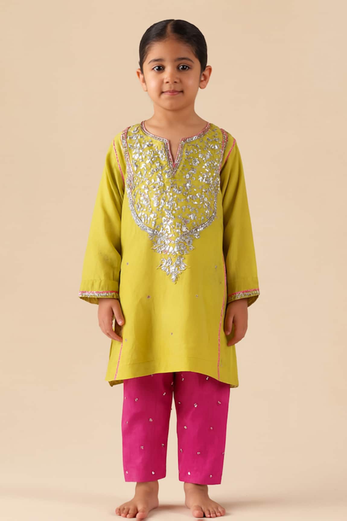 Tiny Pants Lime Green Mirror Work Kurta & Pant Set