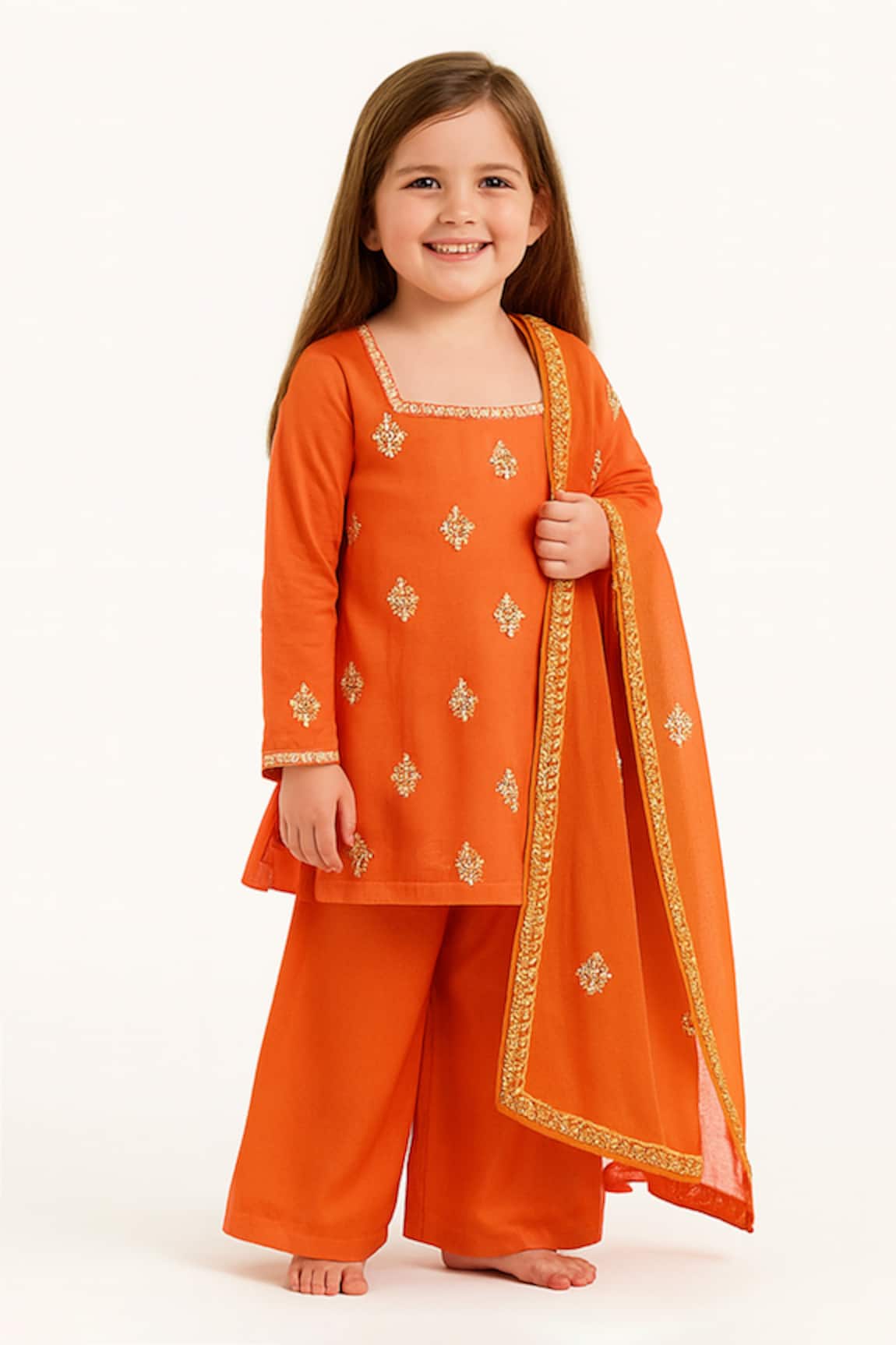 Tiny Pants Orange Embroidered Kurta Palazzo Set
