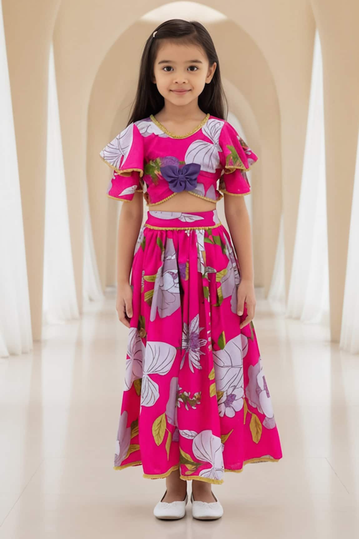 Fayon Kids Pink Printed Top With Lehenga 