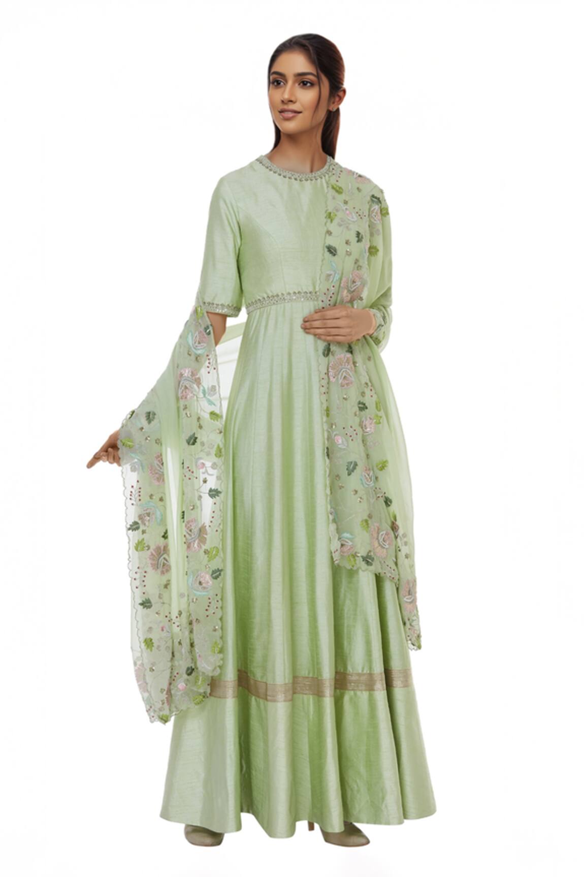 Blue Lotus Design Sequin Embroidered Anarkali With Dupatta