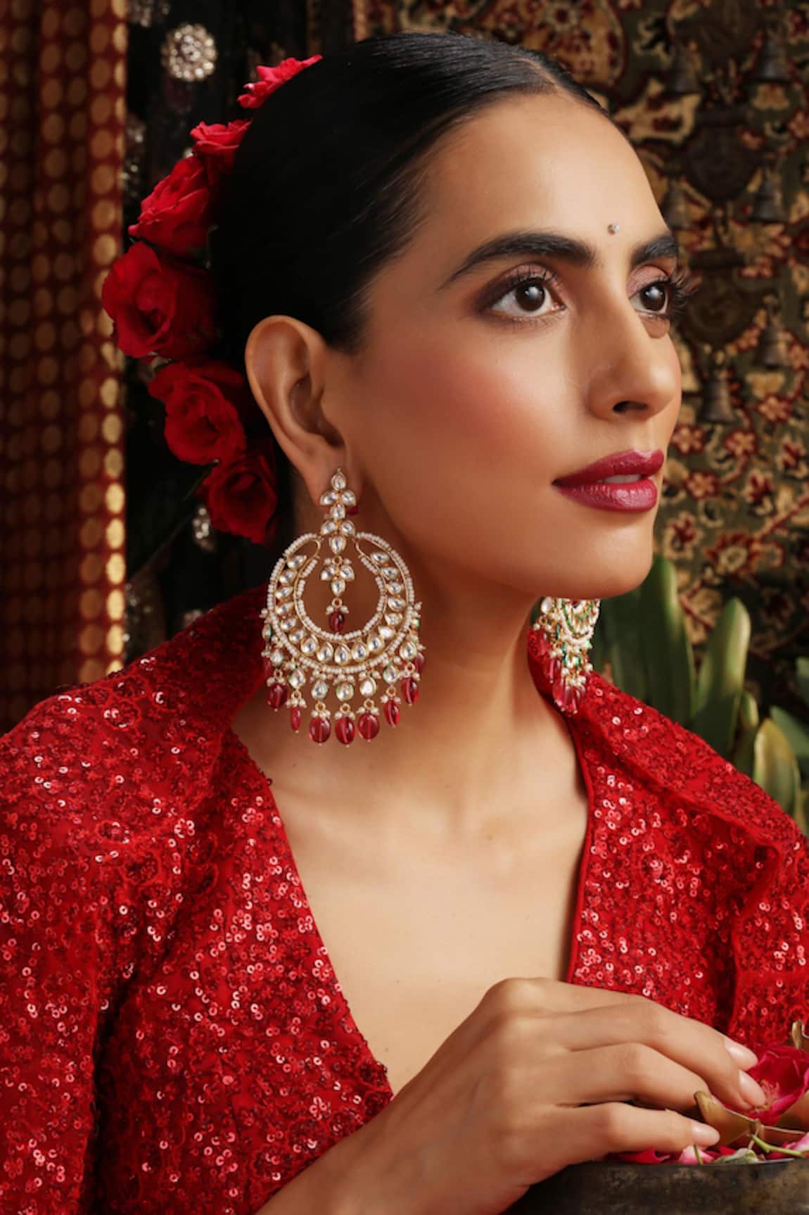 Swabhimann Kundan & Ruby Drop Chandbali Earrings 