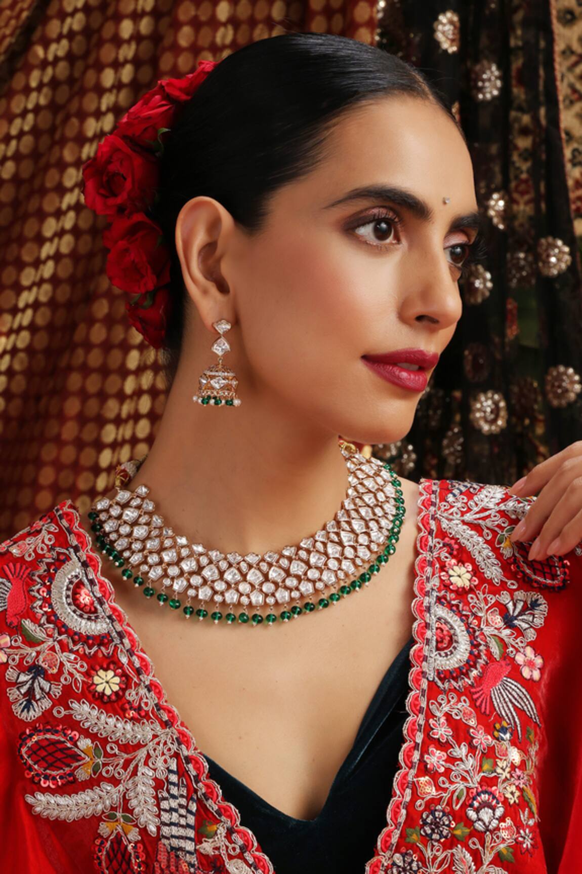 Swabhimann Kundan & Emerald Beaded Necklace Set 