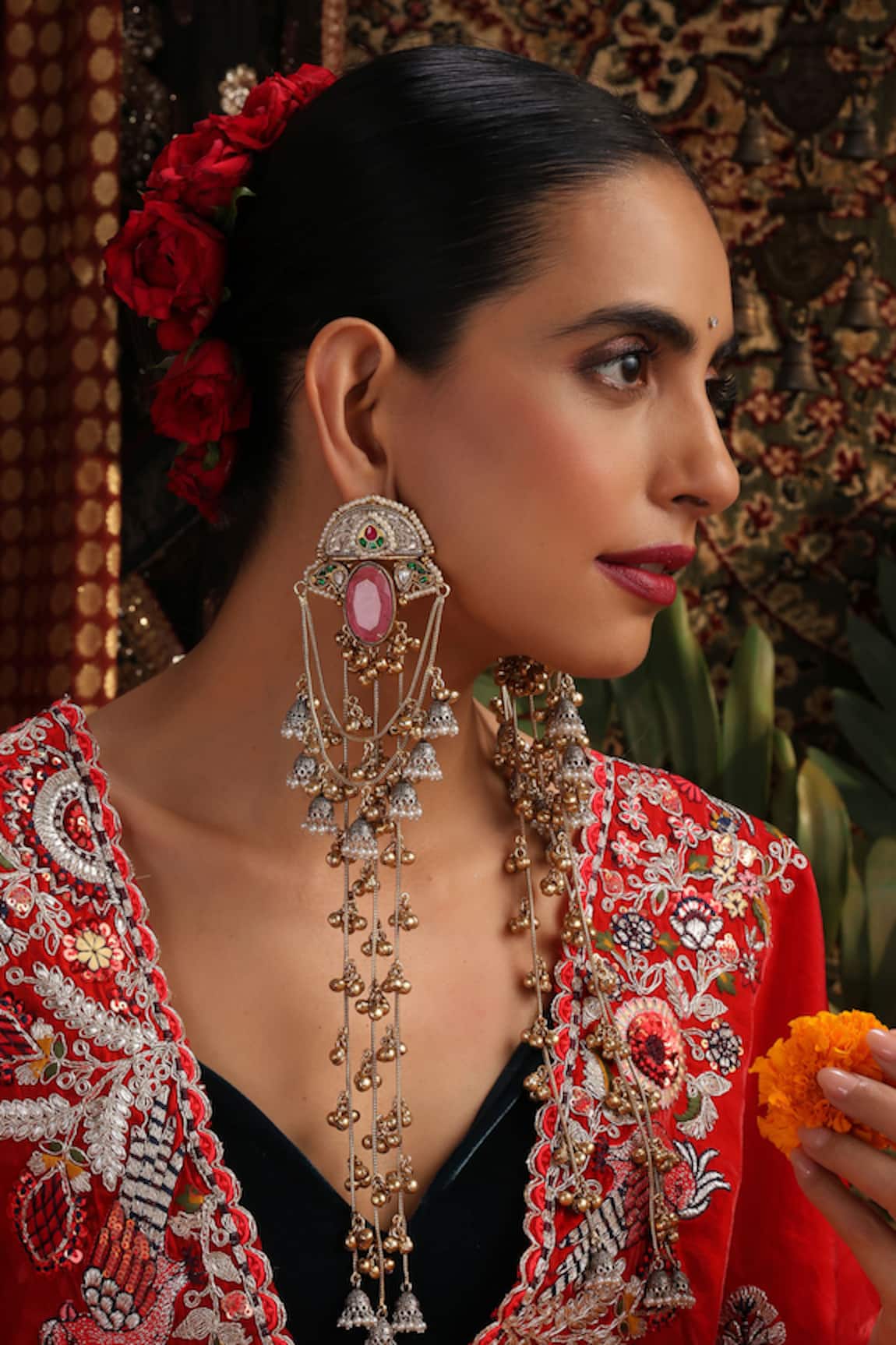 Swabhimann Pink Stone & Jhumki Dangler Earrings 