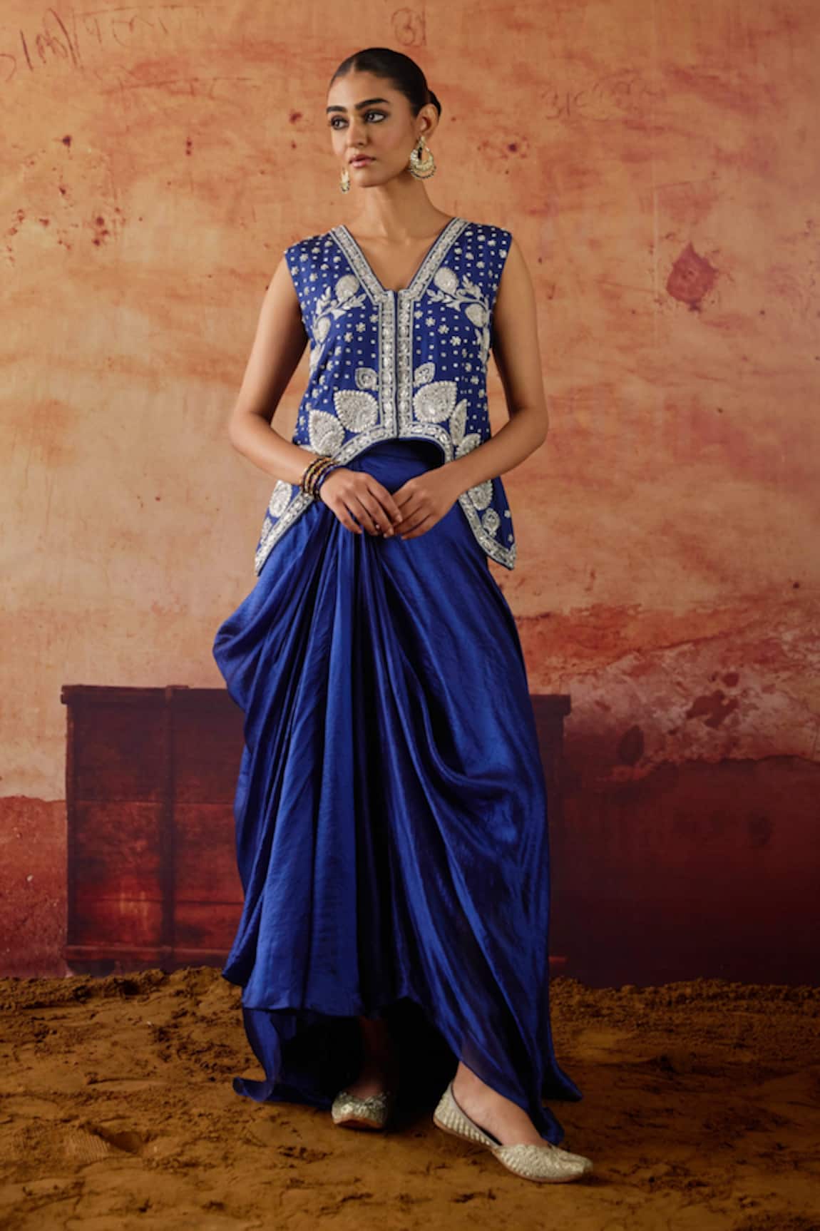Vinita Bhansali Samara Embroidered Waistcoat & Draped Skirt Set
