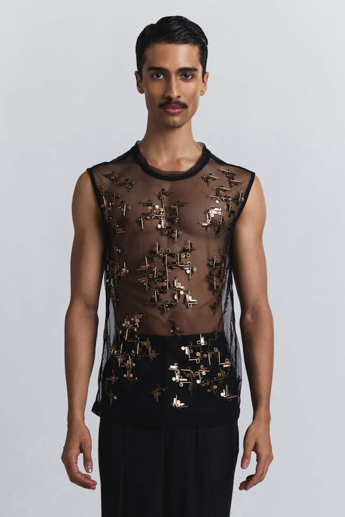 Line Out Line Beam Embellished Net Vest