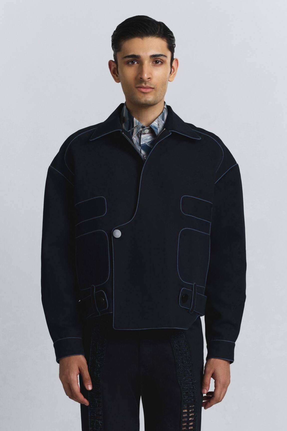 Line Out Line Navy Piping Bomber Jacket