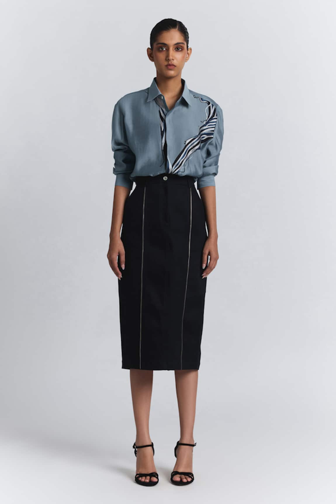 Line Out Line Denim Twill Midi Skirt