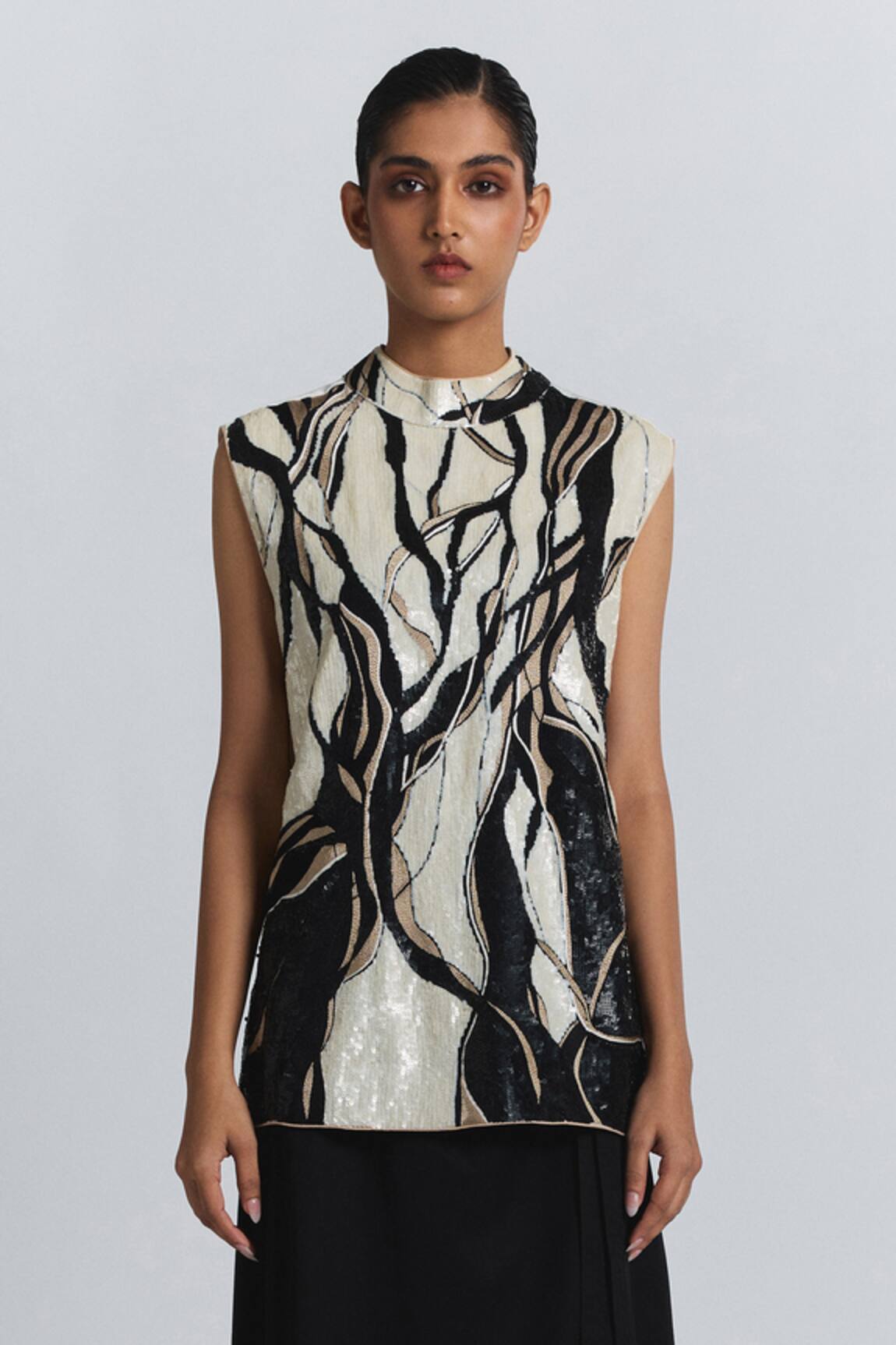Line Out Line Sequined Abstract Pattern Blouse