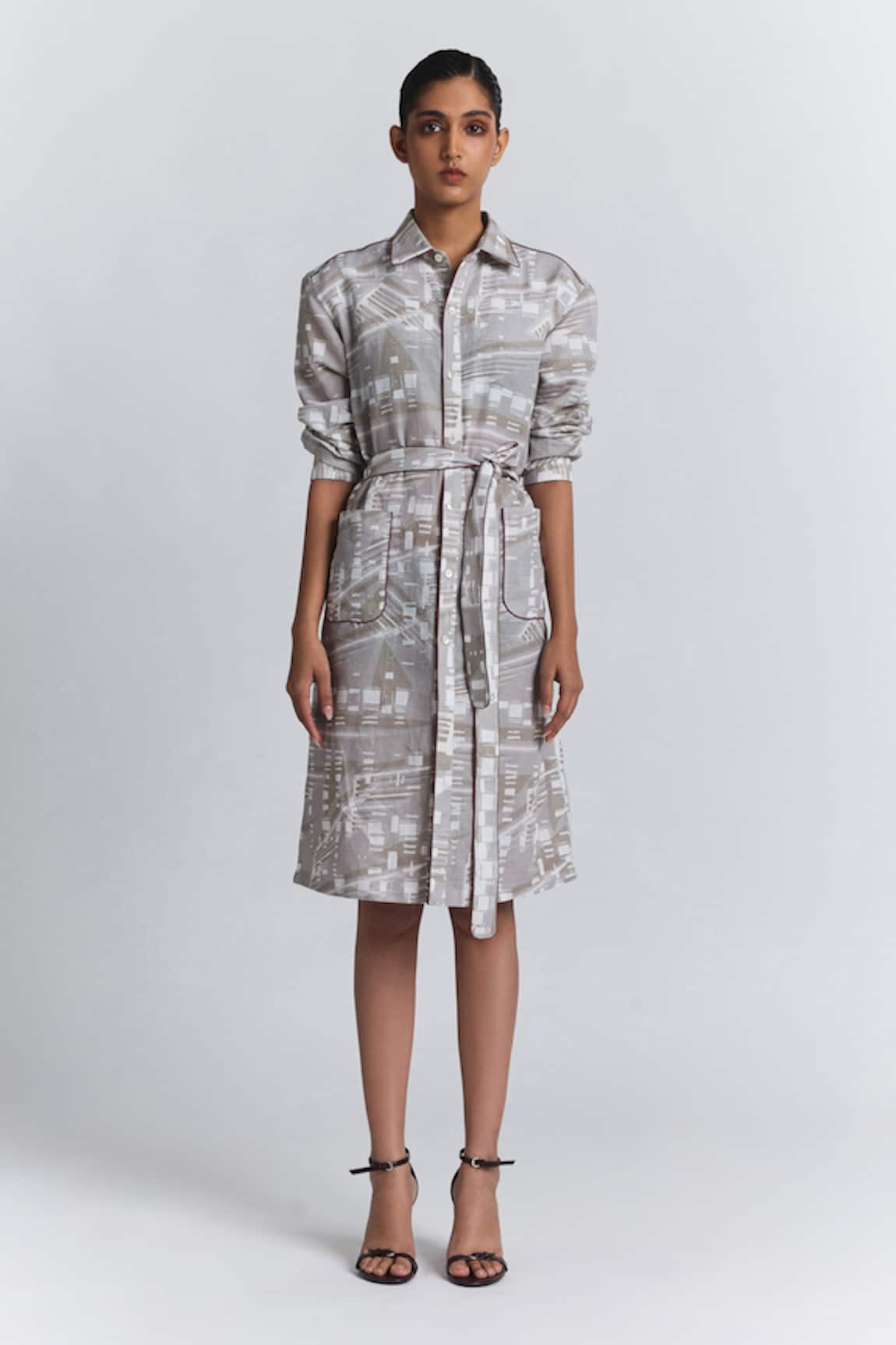 Line Out Line Printed Shirt Dress With Belt