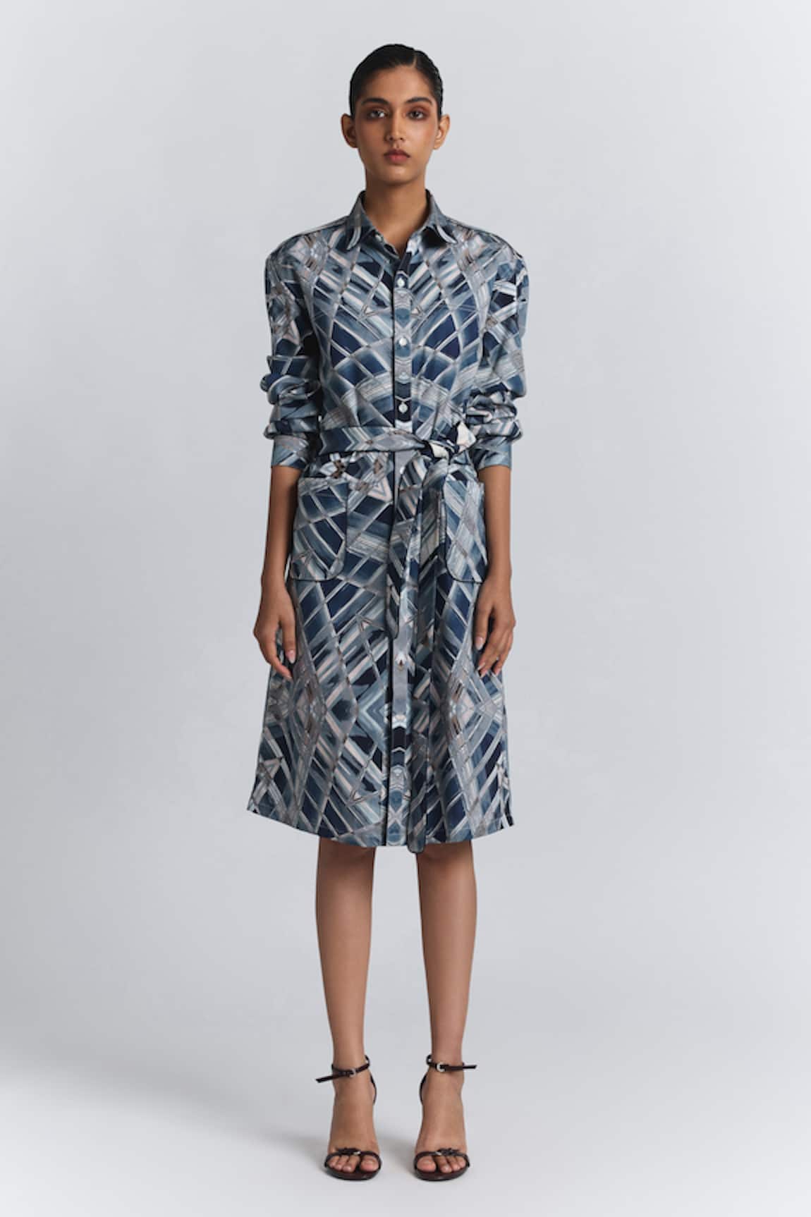 Line Out Line Geometric Print Shirt Midi Dress
