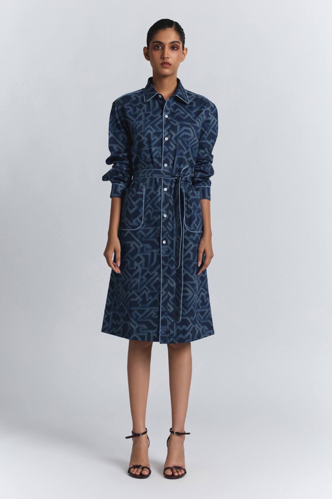 Line Out Line Geometric Print Shirt Midi Dress