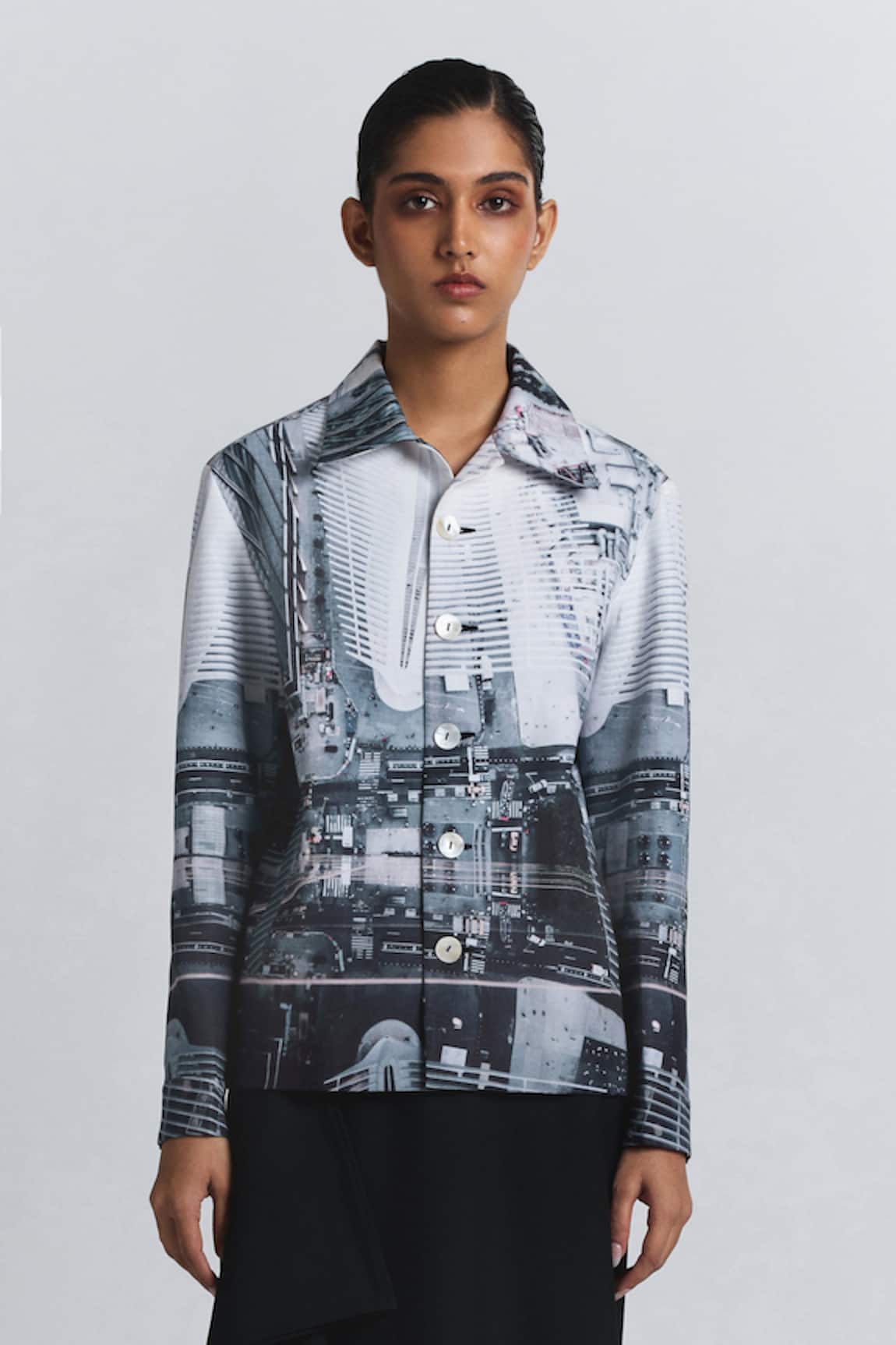 Line Out Line Cityscape Print Cotton Linen Shacket