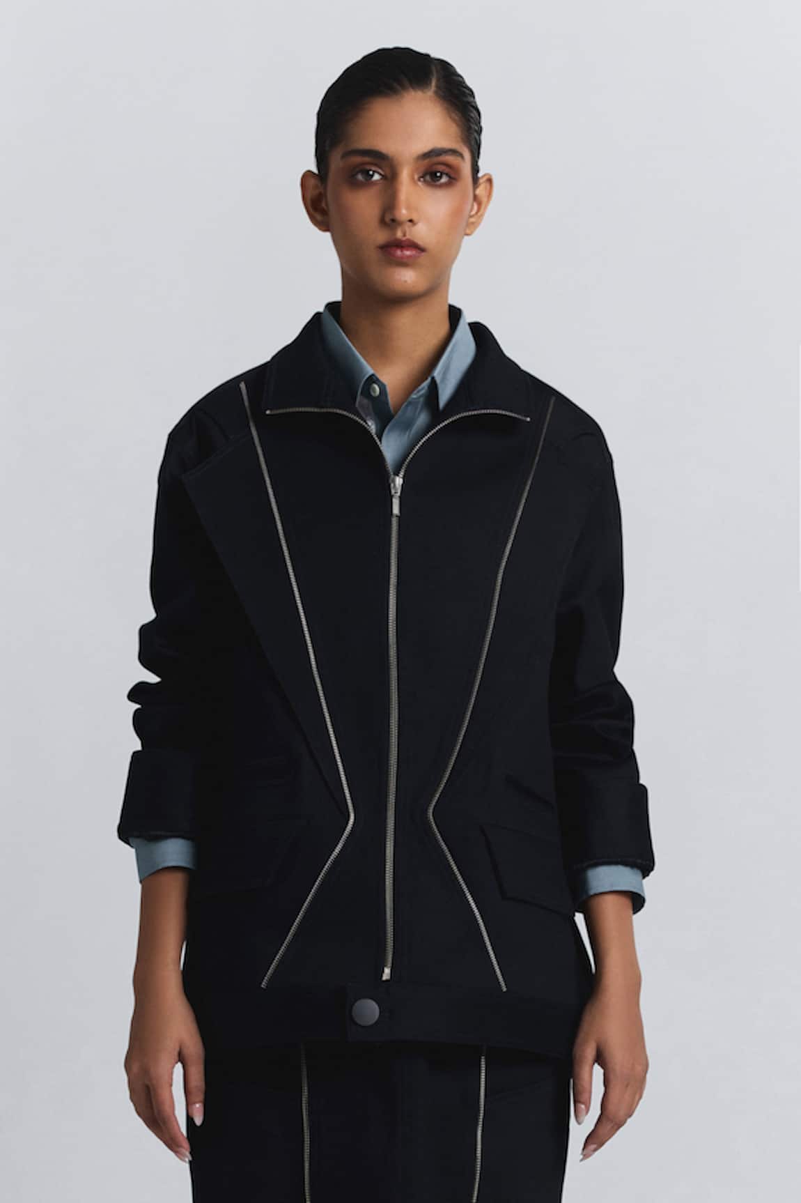 Line Out Line Zipper Detail Bomber Jacket