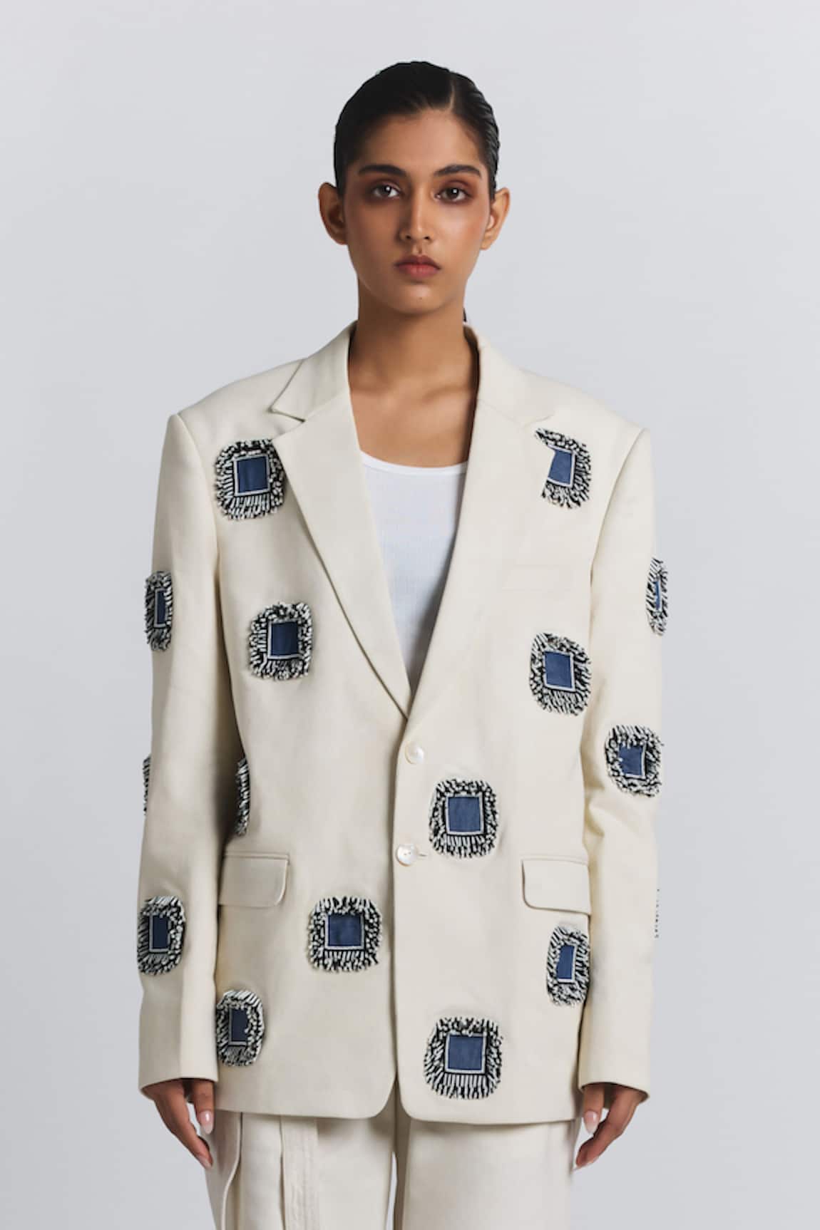 Line Out Line Denim Patchwork Embellished Blazer
