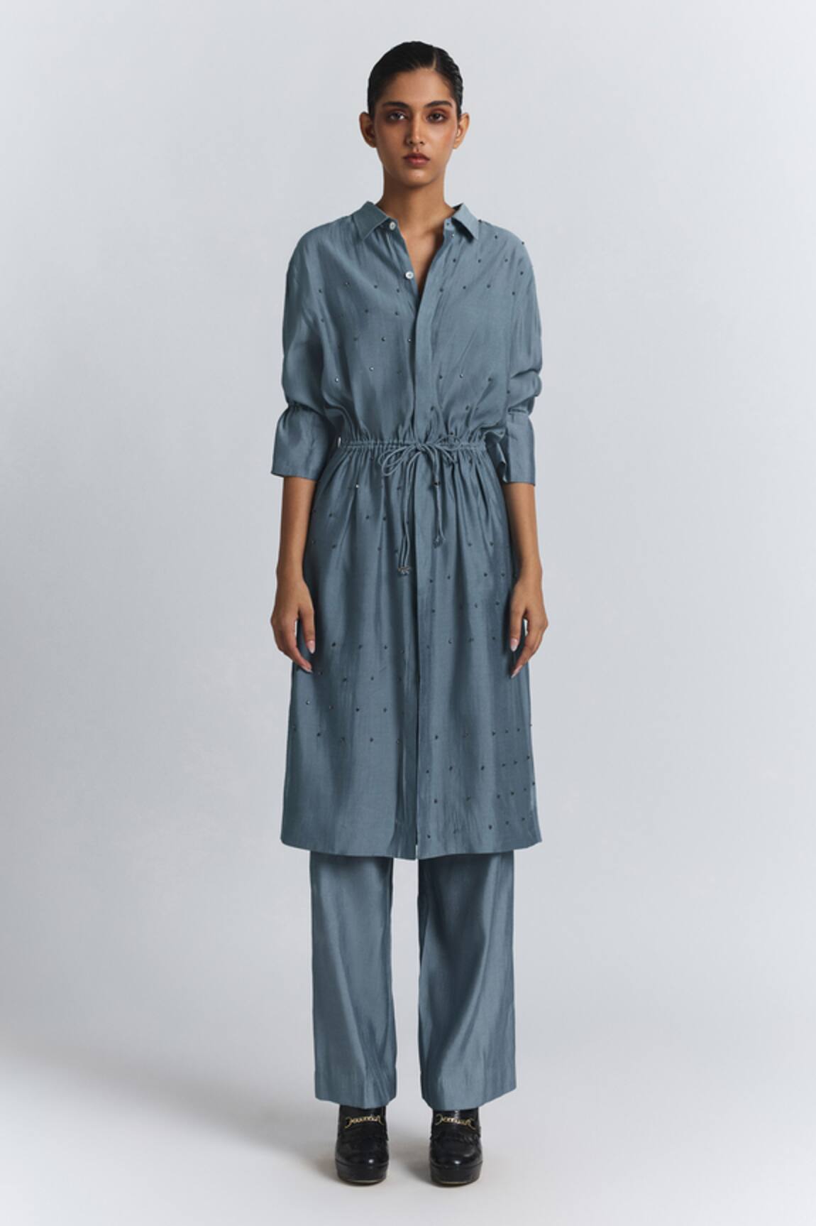 Line Out Line Chanderi Embellished Tunic & Pant Set