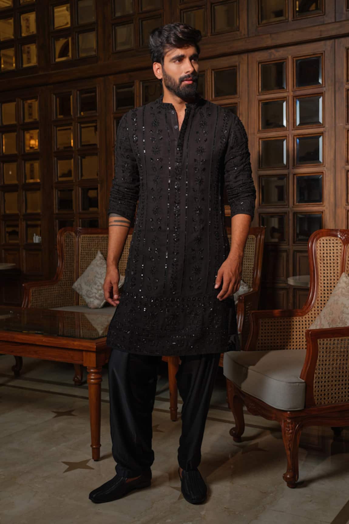 DARZI HOUSE Midnight Black Embroidered Kurta Patiyala Set
