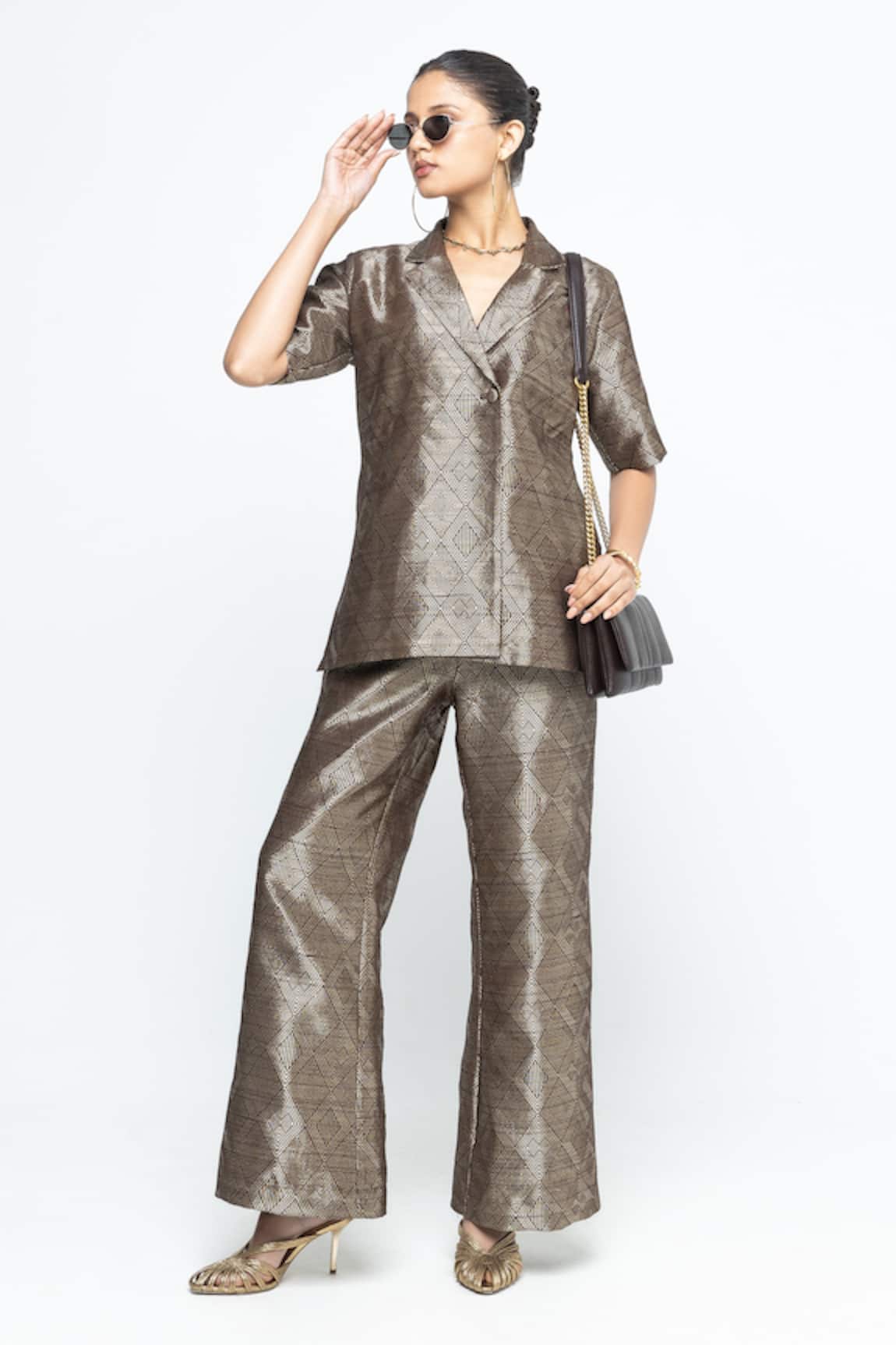 SOBARIKO Metallic Brown Wrap Blazer Pant Set