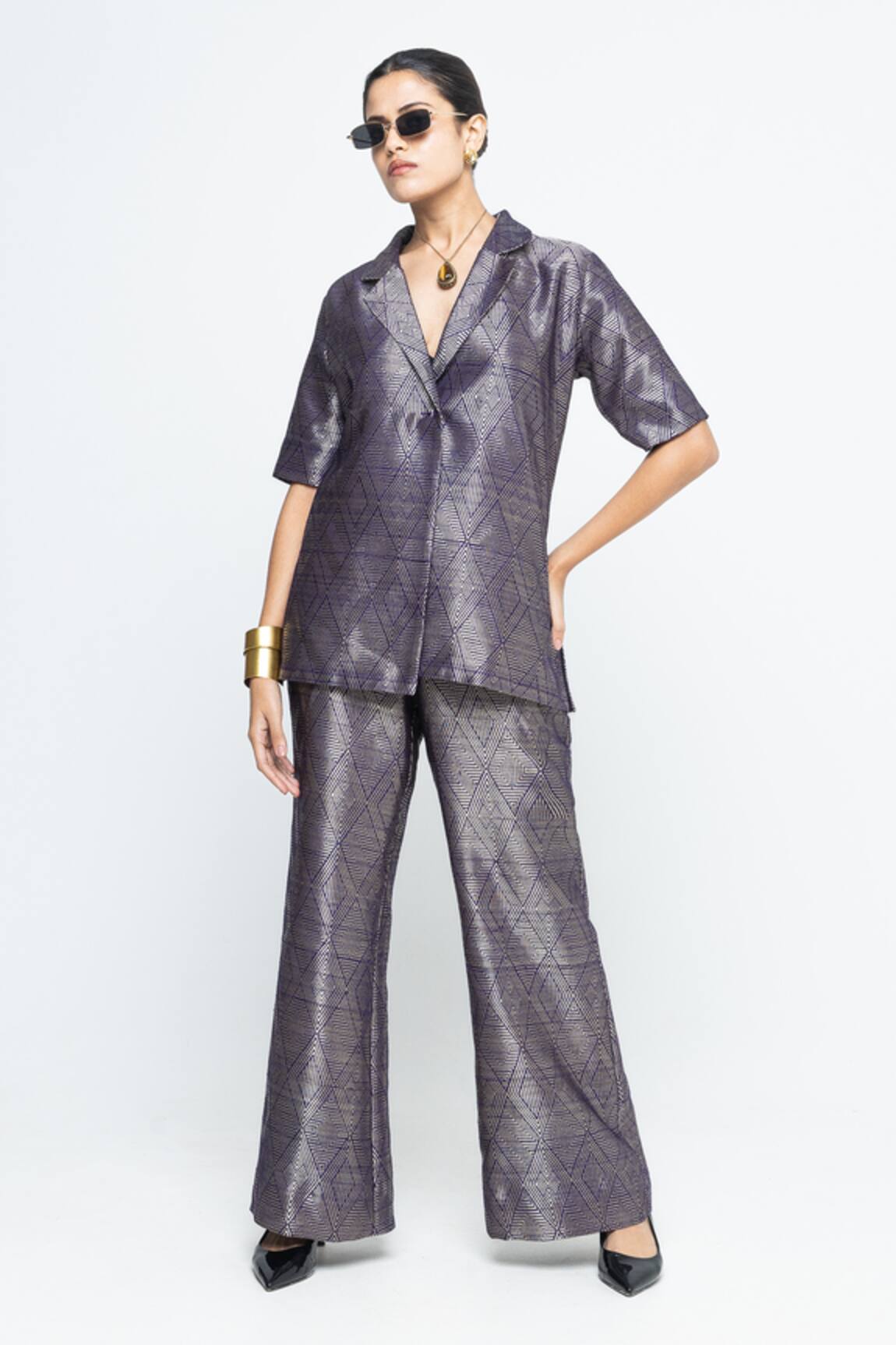 SOBARIKO Metallic Purple Wrap Blazer Pant Set