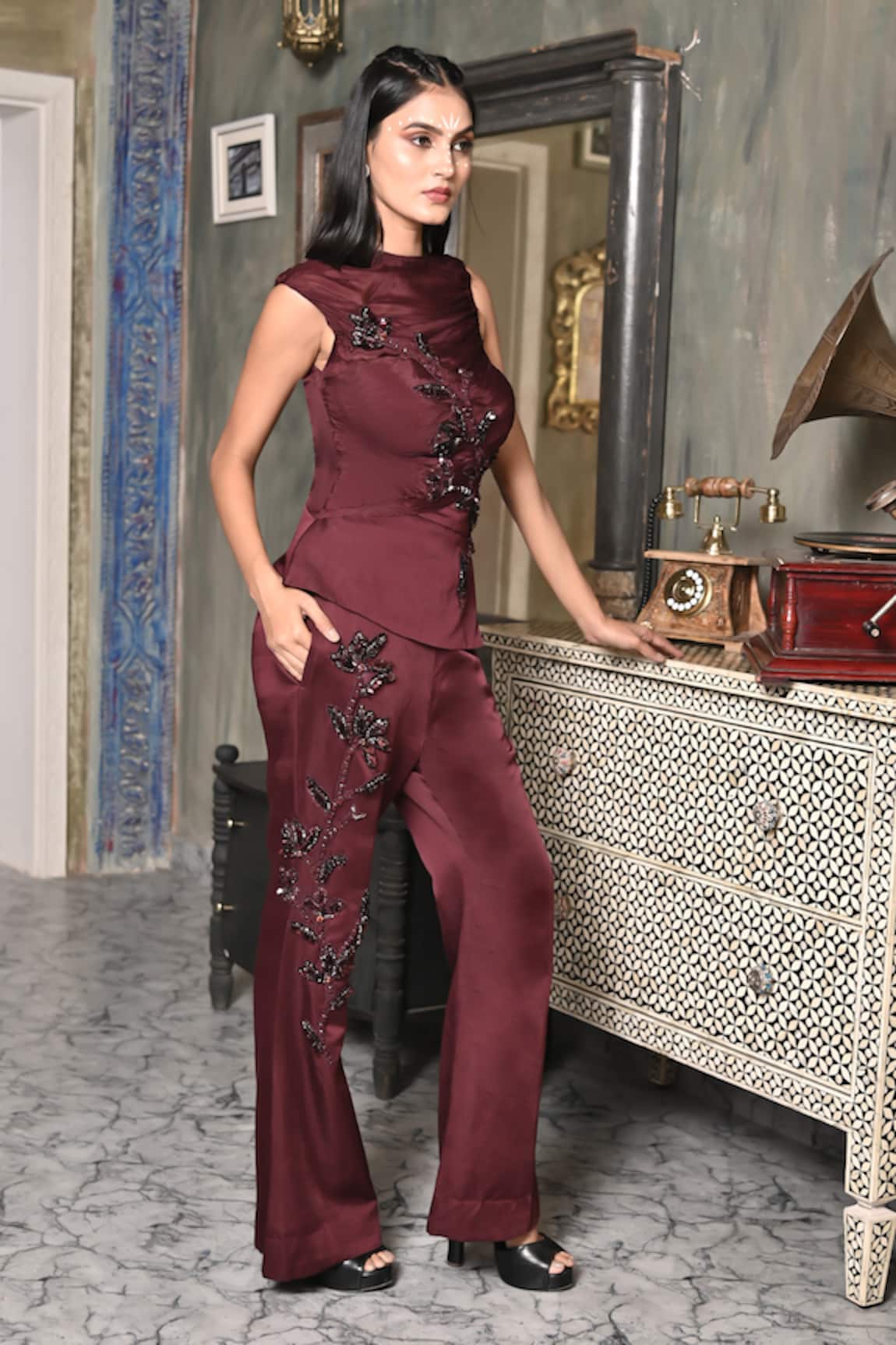 BAANI KHURANA Burgundy Embellished Top & Pant Set