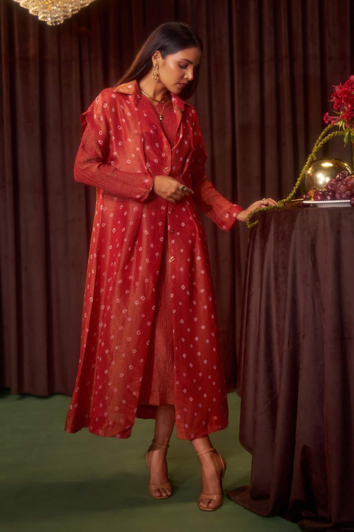Coeur Zarina Scarlet Dress With Bandhani Jacket