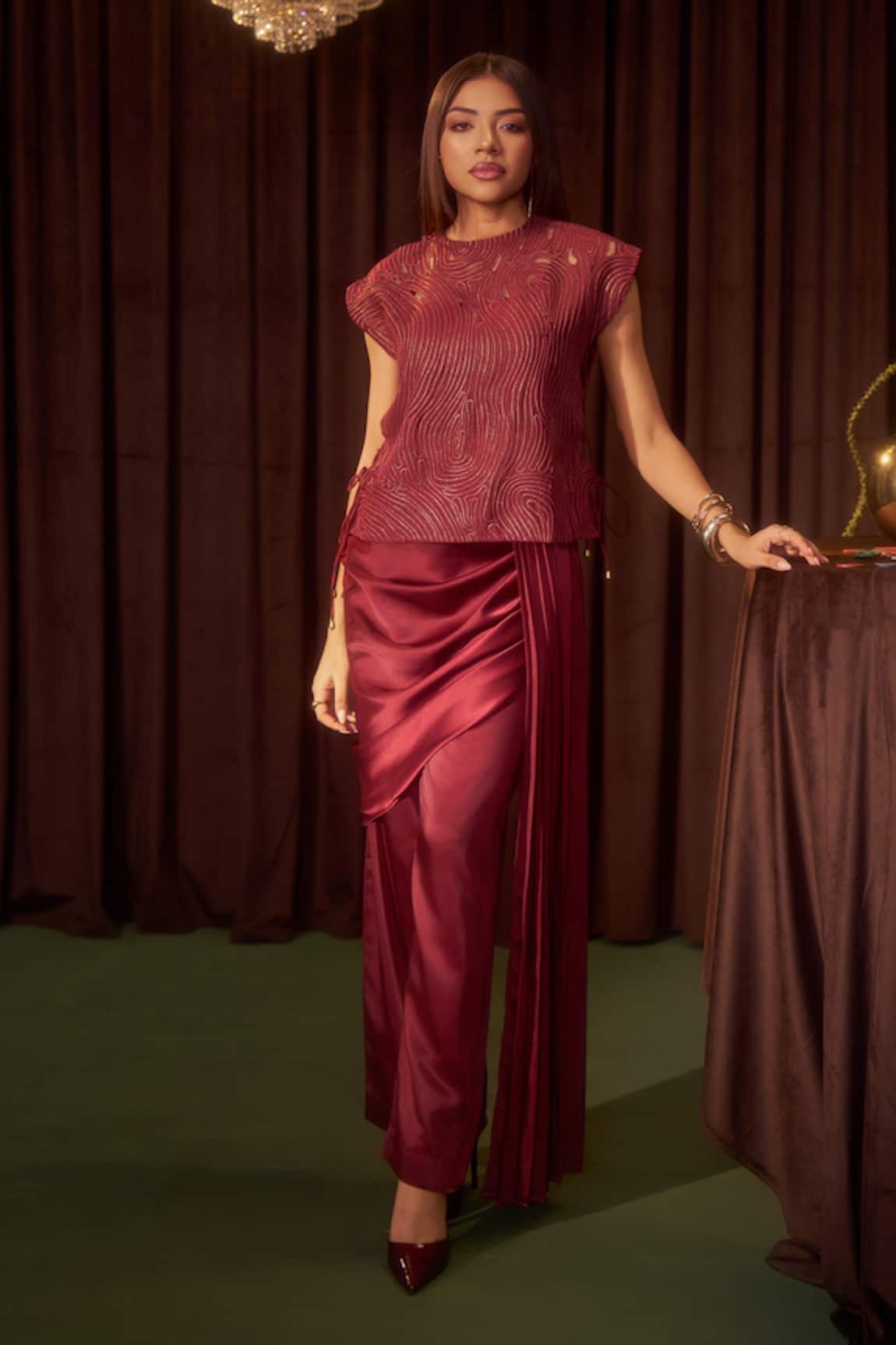Coeur Riva Crimson Corded Top & Draped Pant Set
