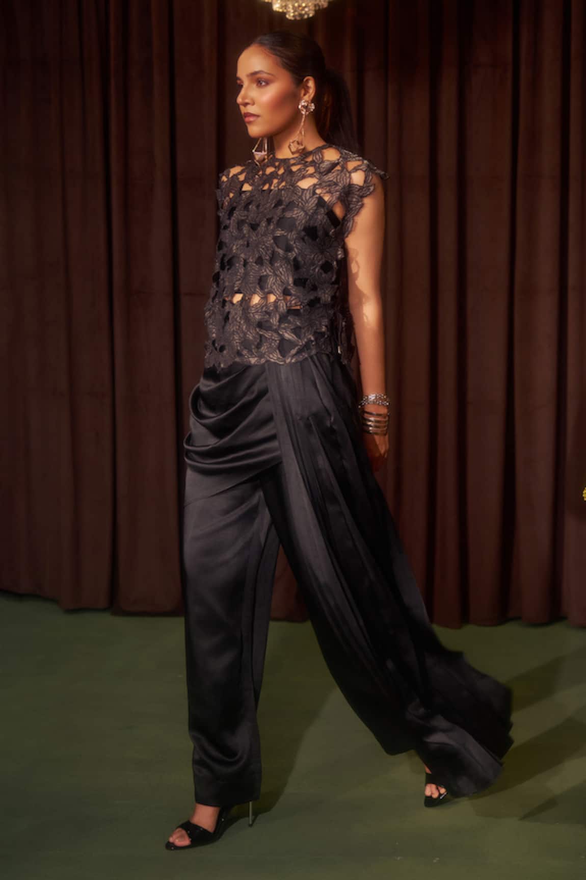 Coeur Riva Black Corded Top & Draped Pant Set