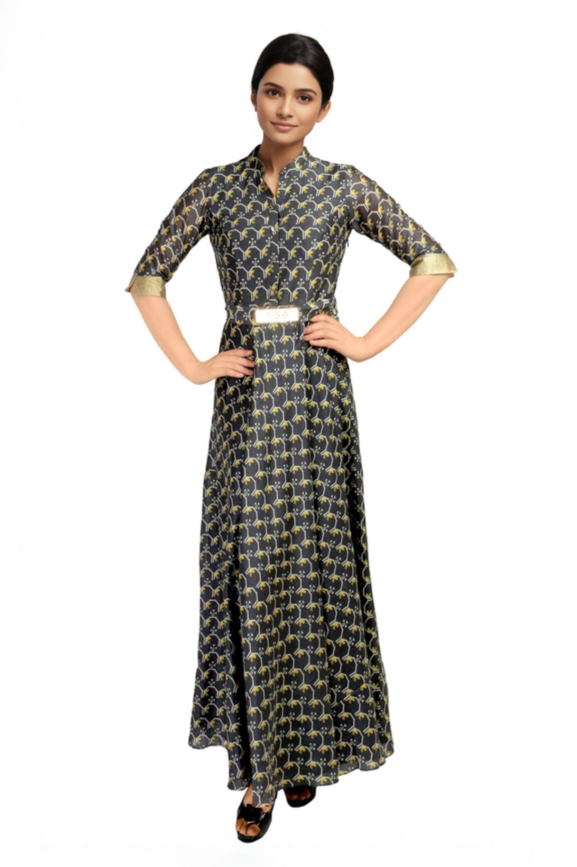 Soup By Sougat Paul Chanderi Silk Printed Maxi Dress With Belt